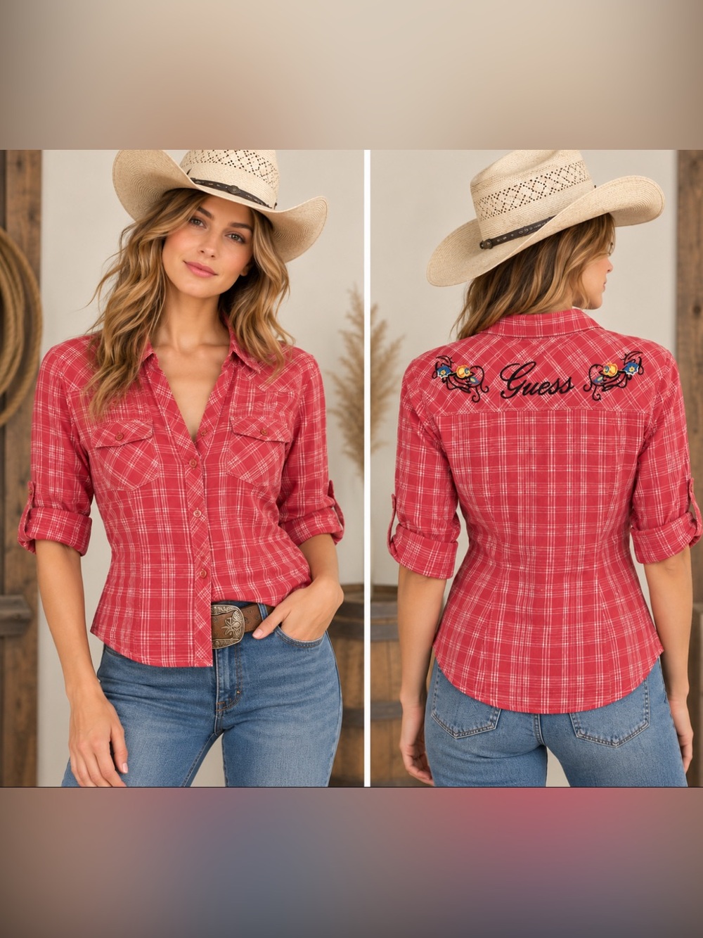 Vintage Y2K GUESS Embroidered Red Plaid Western Cowgirl Button Up Shirt XL
